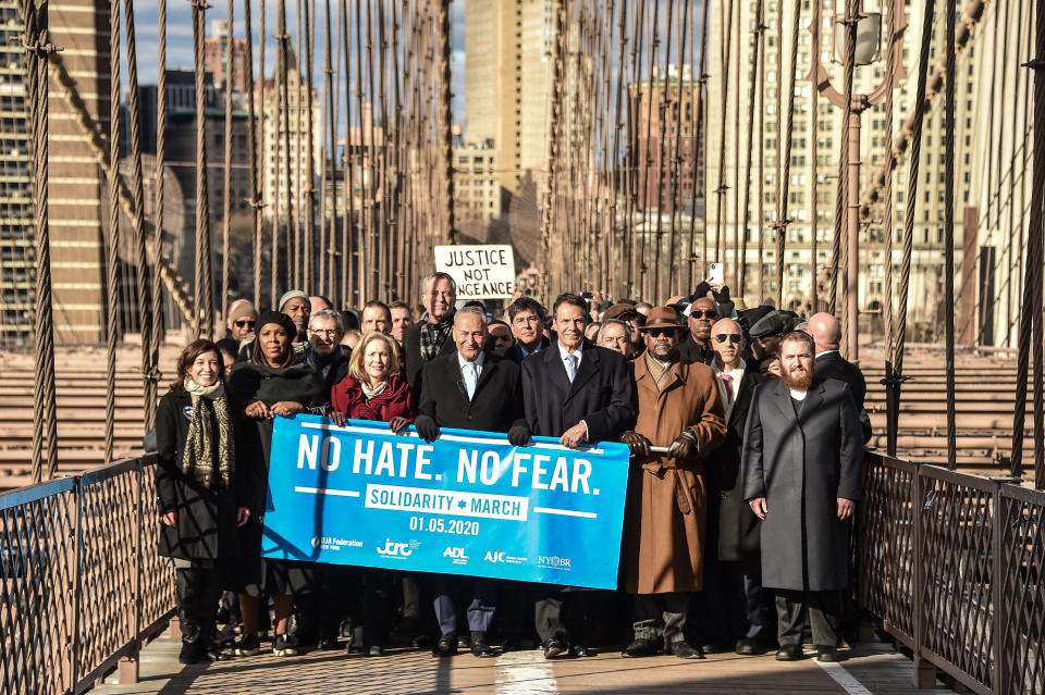 New York's top elected officials march across the Brooklyn Bridge during a Jewish solidarity march on Jan. 5, 2020. (Photo: Steven Ferdman via Getty Images)