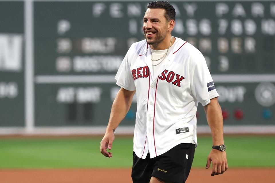 BOSTON, MASSACHUSETTS - SEPTEMBER 08: Milan Lucic of the Boston Bruins looks on after throwing out the ceremonial first pitch before the game between the Boston Red Sox and the Baltimore Orioles at Fenway Park on September 08, 2023 in Boston, Massachusetts. (Photo by Maddie Meyer/Getty Images)