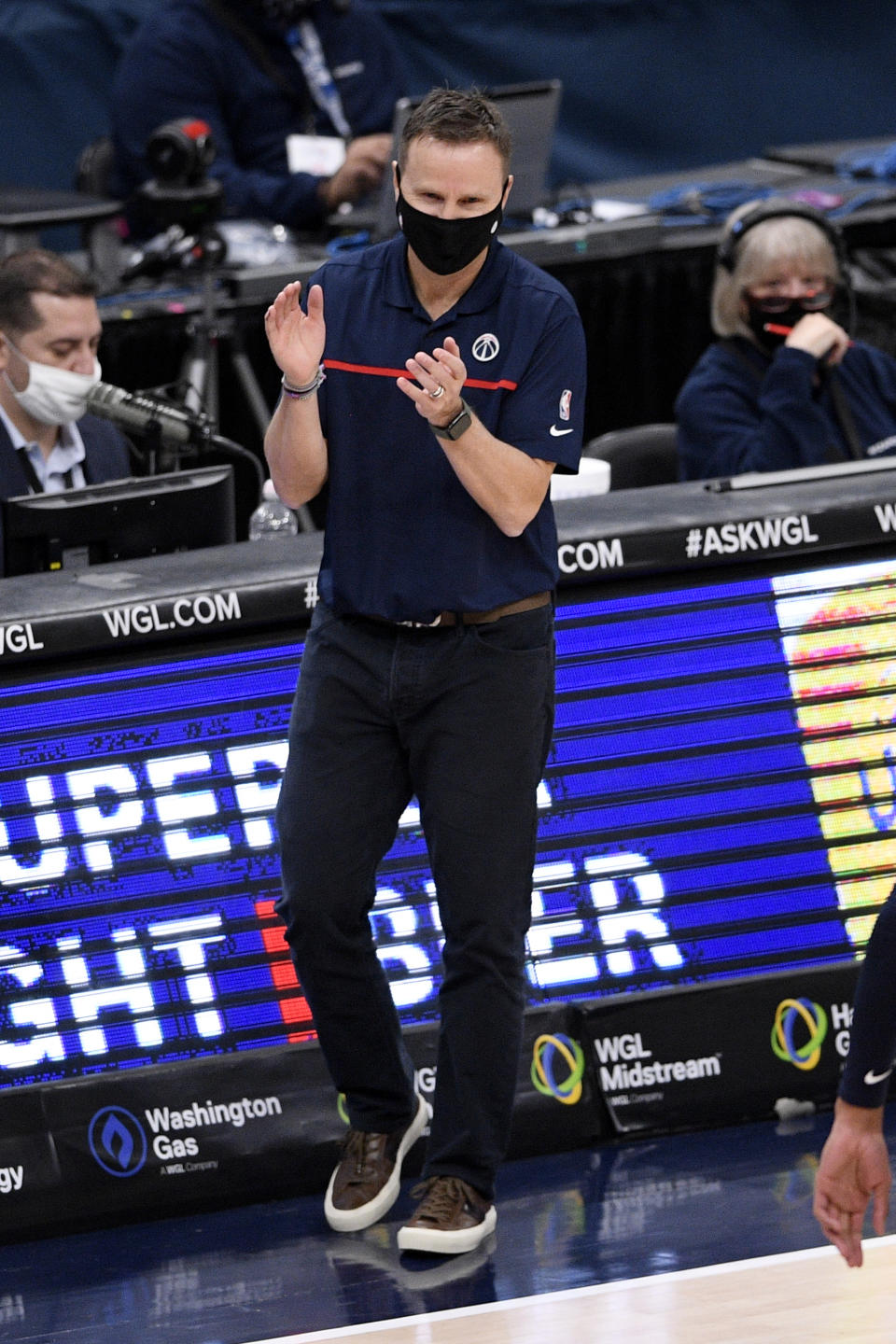 Washington Wizards head coach Scott Brooks reacts during the second half of an NBA basketball game against the Miami Heat, Saturday, Jan. 9, 2021, in Washington. (AP Photo/Nick Wass)