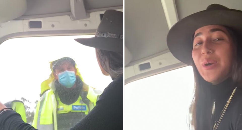 Eve Black refuses to answer questions from a Victoria Police officer at a checkpoint leaving Melbourne. Source: Facebook/ Eve Black