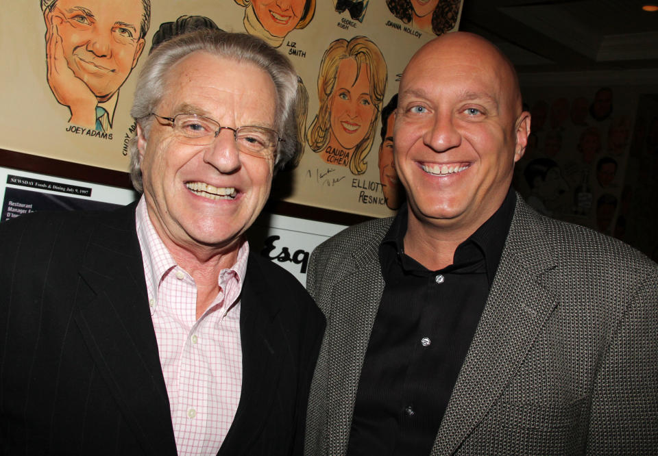 NEW YORK, NY – APRIL 13: Jerry Springer (celebrating his 20th year in television) and Steve Wilkos (R) are honored on the wall of fame at The Palm on April 13, 2011 in New York City. (Photo by Bruce Glikas/Getty Images)