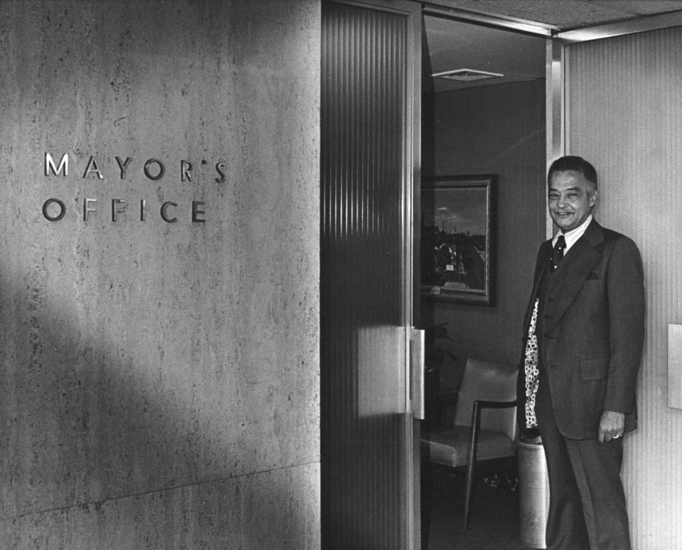 Mayor Coleman Young enters his office for the first time on Jan. 3, 1974 at the City-County building in downtown Detroit.