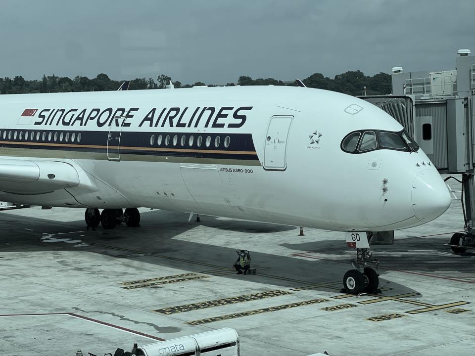 Singapore Airlines' A350 viewed from the boarding area in Singapore.