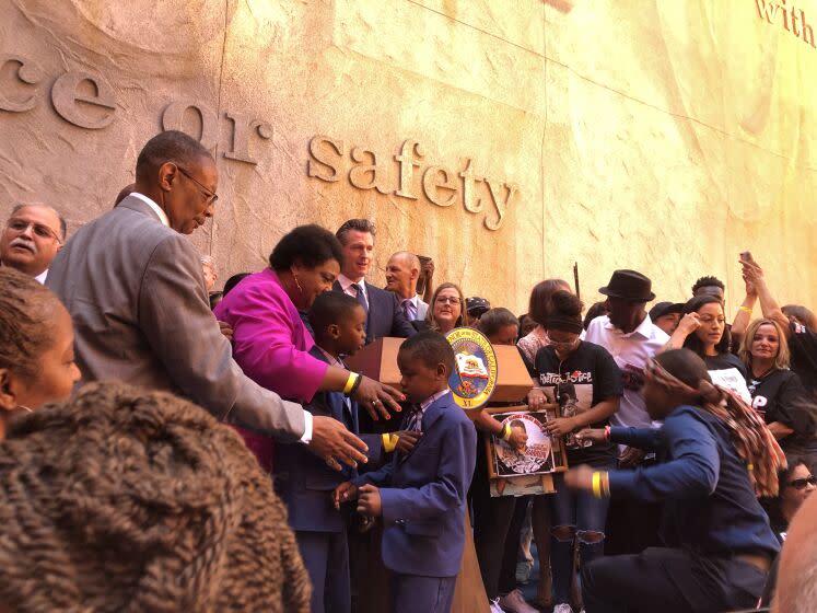 Gov. Gavin Newsom signs into law AB 392, a reform of California's use of force rules for law enforcement, Aug. 6, 2019.