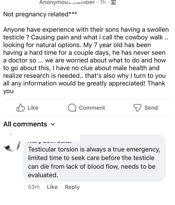 A social media post seeking advice for a 7-year-old with a swollen testicle and mentioning a history of a few days with the issue. A commenter suggests testicular torsion