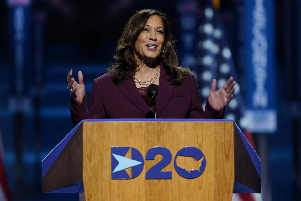 FILE - Democratic vice presidential candidate Sen. Kamala Harris of California, speaks during the third day of the Democratic National Convention, at the Chase Center in Wilmington, Del., Aug. 19, 2020. (AP Photo/Carolyn Kaster, File)