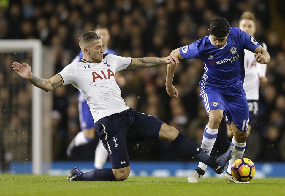 <p>Chelsea’s Diego Costa, right, vies for the ball with Tottenham’s Toby Alderweireld during the English Premier League soccer match between Tottenham Hotspur and Chelsea at White Hart Lane stadium in London, Wednesday, Jan. 4, 2017. (AP Photo/Alastair Grant) </p>