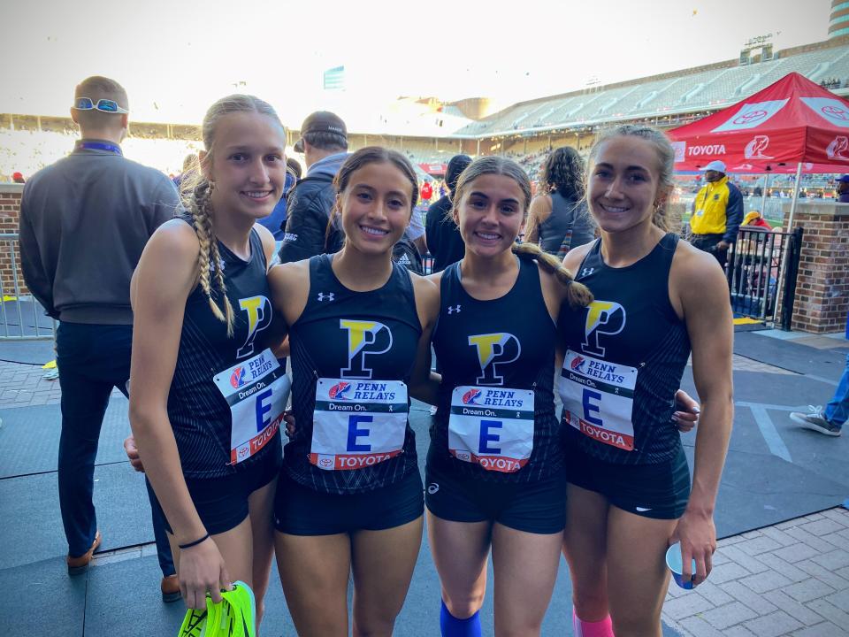 The Padua team of (from left) Anna Bockius, Sophia Holgado, Kelsey Wolff and Molly Flanagan set a Delaware record in the 4x800 at the 2024 Penn Relays, running 8:55.59.