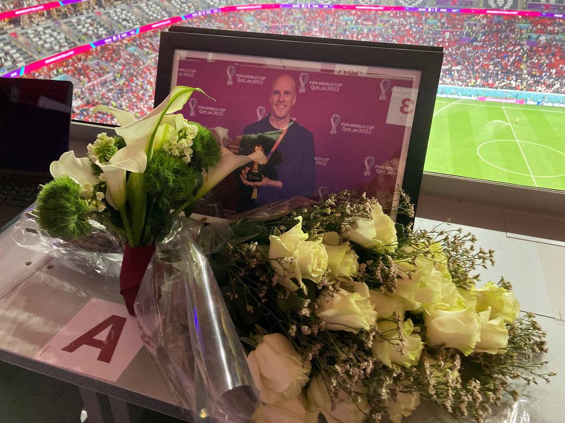 A tribute to journalist Grant Wahl was arranged at his previously assigned seat at the World Cup quarterfinal soccer match between England and France on Saturday at Al Bayt Stadium in Al Khor, Qatar.