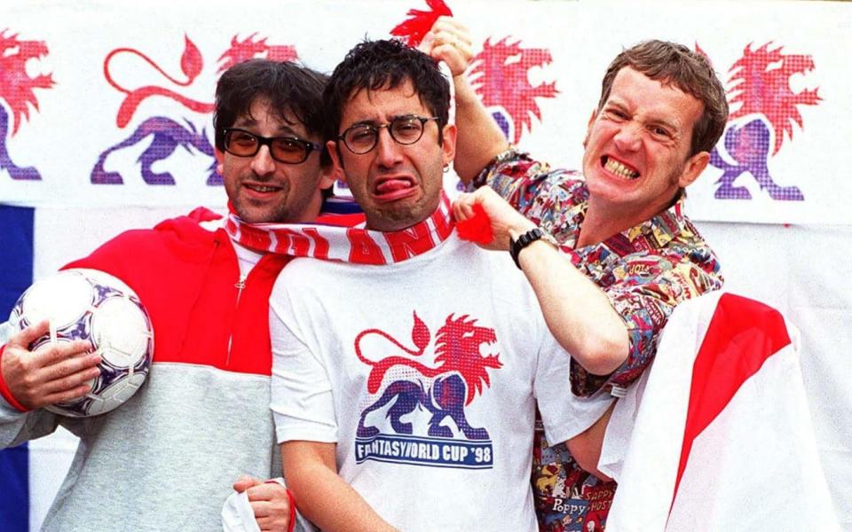 Ian Broudie of 'The Lightning Seeds' with Frank Skinner and David Baddiel seen launching their World Cup song 'Three Lions 98' - UPPA/Photoshot