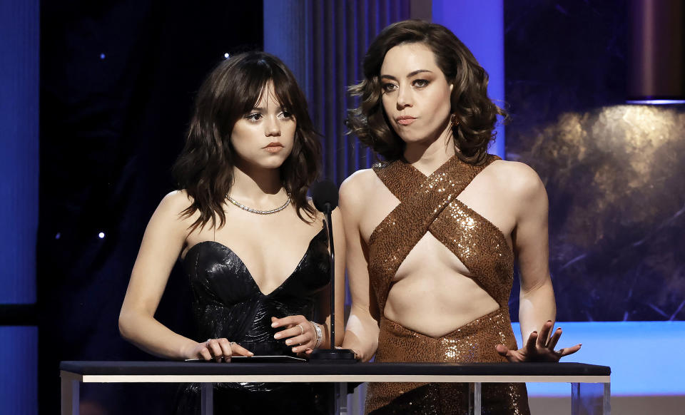 Jenna Ortega and Aubrey Plaza onstage at the 29th Annual SAG Awards. (Kevin Winter / Getty Images)