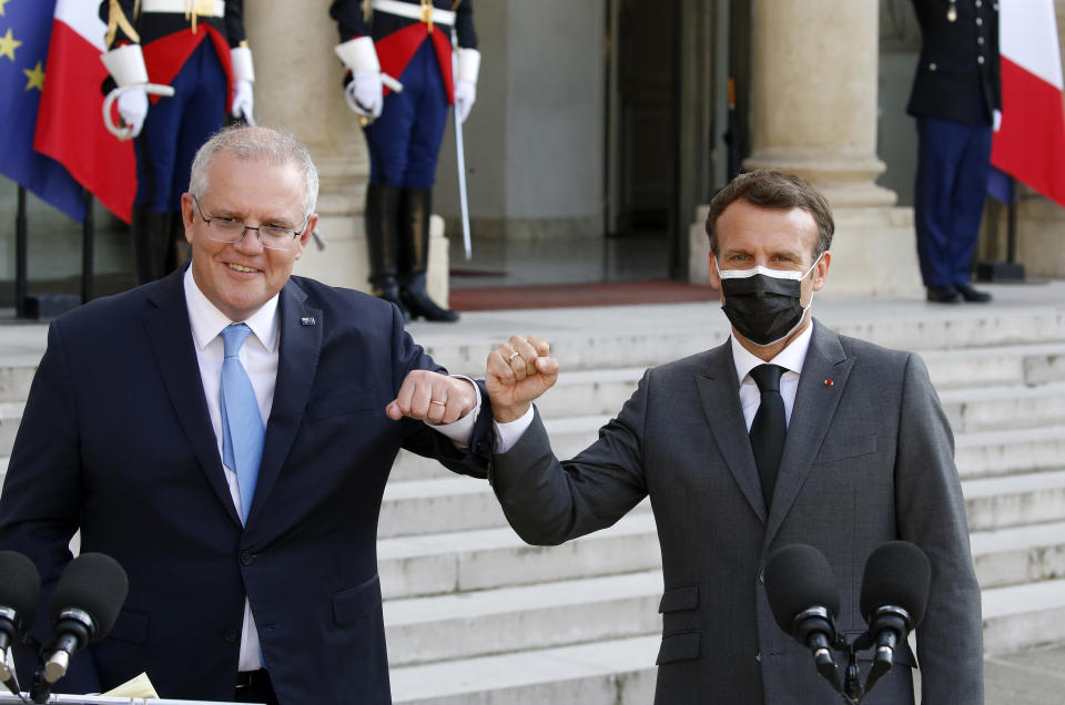 French President Emmanuel Macron and Scott Morrison on June 15 this year when both leaders touted the submarine deal which Australia is now walking away from. Source: Getty