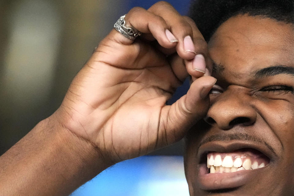 Scoot Henderson gestures during the NBA basketball draft combine in Chicago, Wednesday, May 17, 2023. (AP Photo/Nam Y. Huh)