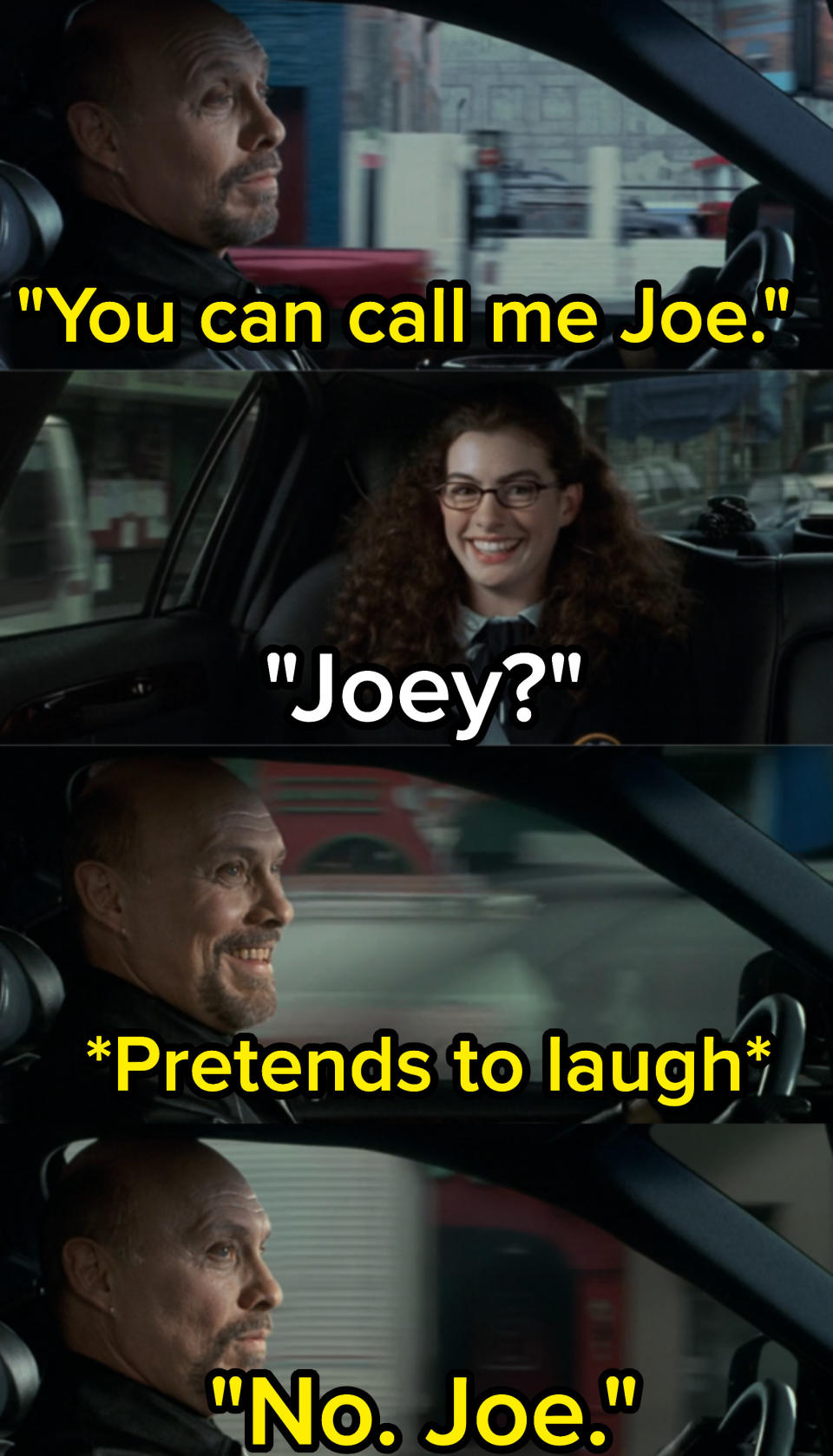 Joe giving his name, Mia calling him Joey, Joe pretending to laugh, then getting very serious and saying "No, Joe"