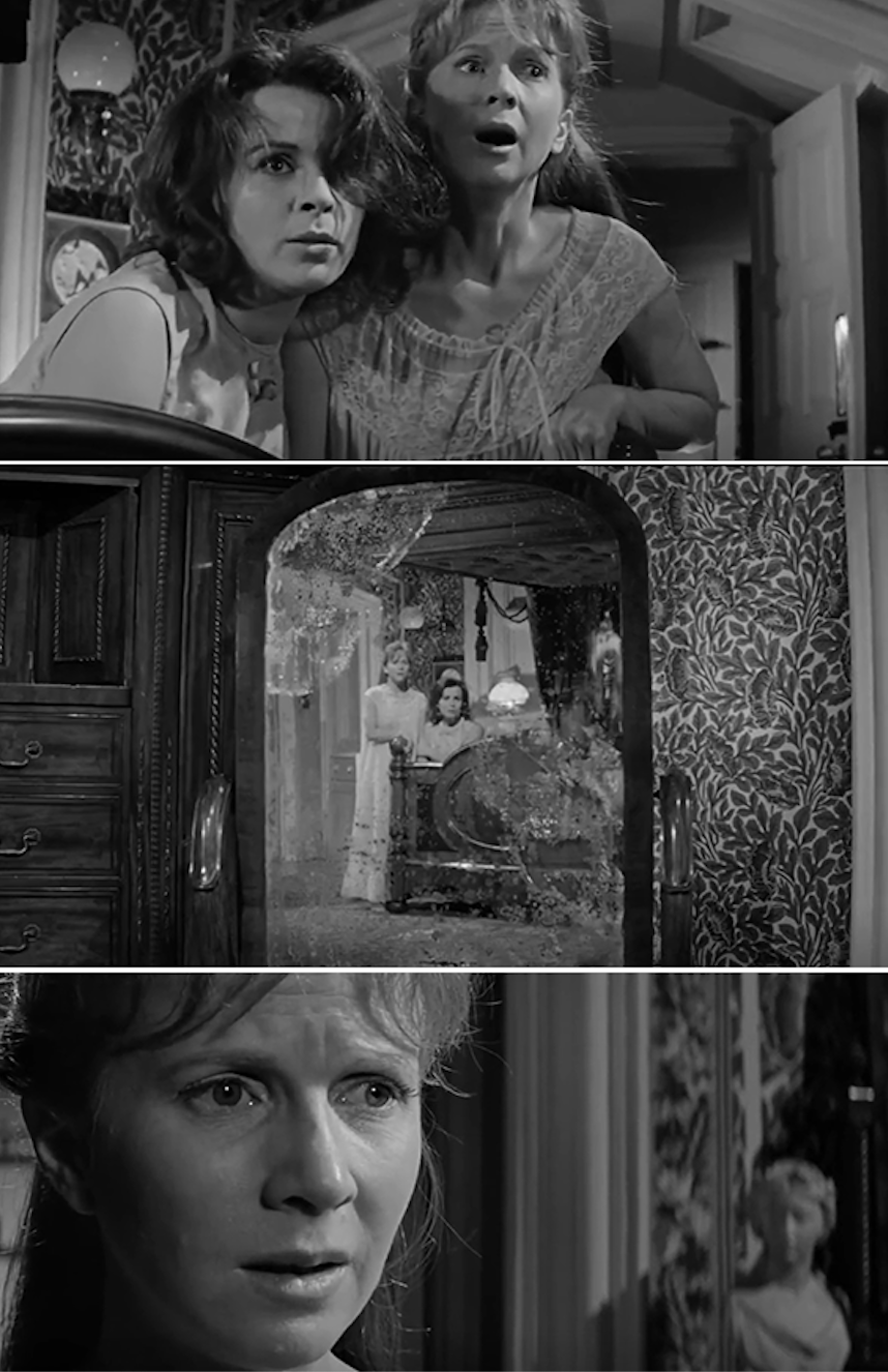 Women look fearful, standing close together by a cracked mirror; the last image is a close-up of their faces, both expressing concern