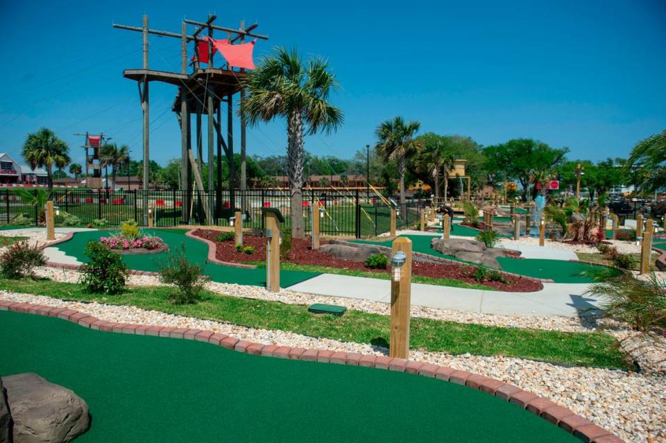 The zipline stand overlooks the new Coastal Links mini golf course at Finishline Performance Karting in Biloxi on Friday, April 19, 2024.