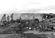 Argentine soldiers take up position in preparation for the battle ahead with British troops.