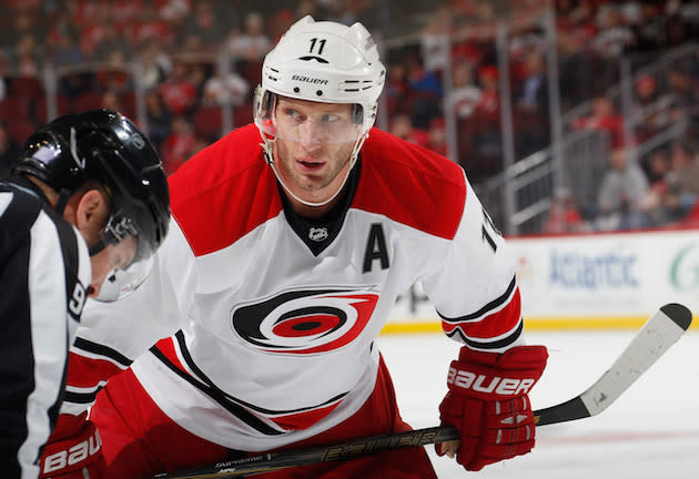 NEWARK, NJ – NOVEMBER 08: Jordan Staal #11 of the Carolina Hurricanes waits for a faceoff during an NHL hockey game against the New Jersey Devils at the Prudential Center on November 8, 2016 in Newark, New Jersey. Devils won 3-2 in a shootout. (Photo by Paul Bereswill/Getty Images)