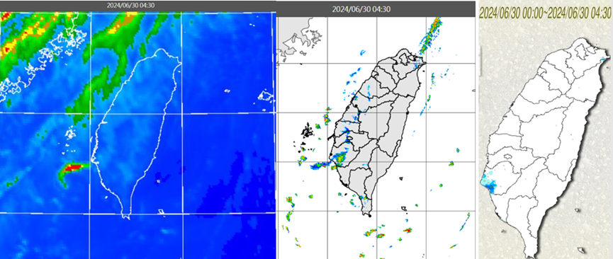 <strong>今（30日）晨4：30紅外線色調強化雲圖顯示，台灣大致晴朗（左圖）。4：30雷達回波合成圖顯示，西南部有零星回波移入（中圖）。4：30累積雨量圖顯示，西南部有局部降雨（右圖）。（圖／翻攝「三立準氣象.老大洩天機」）</strong>