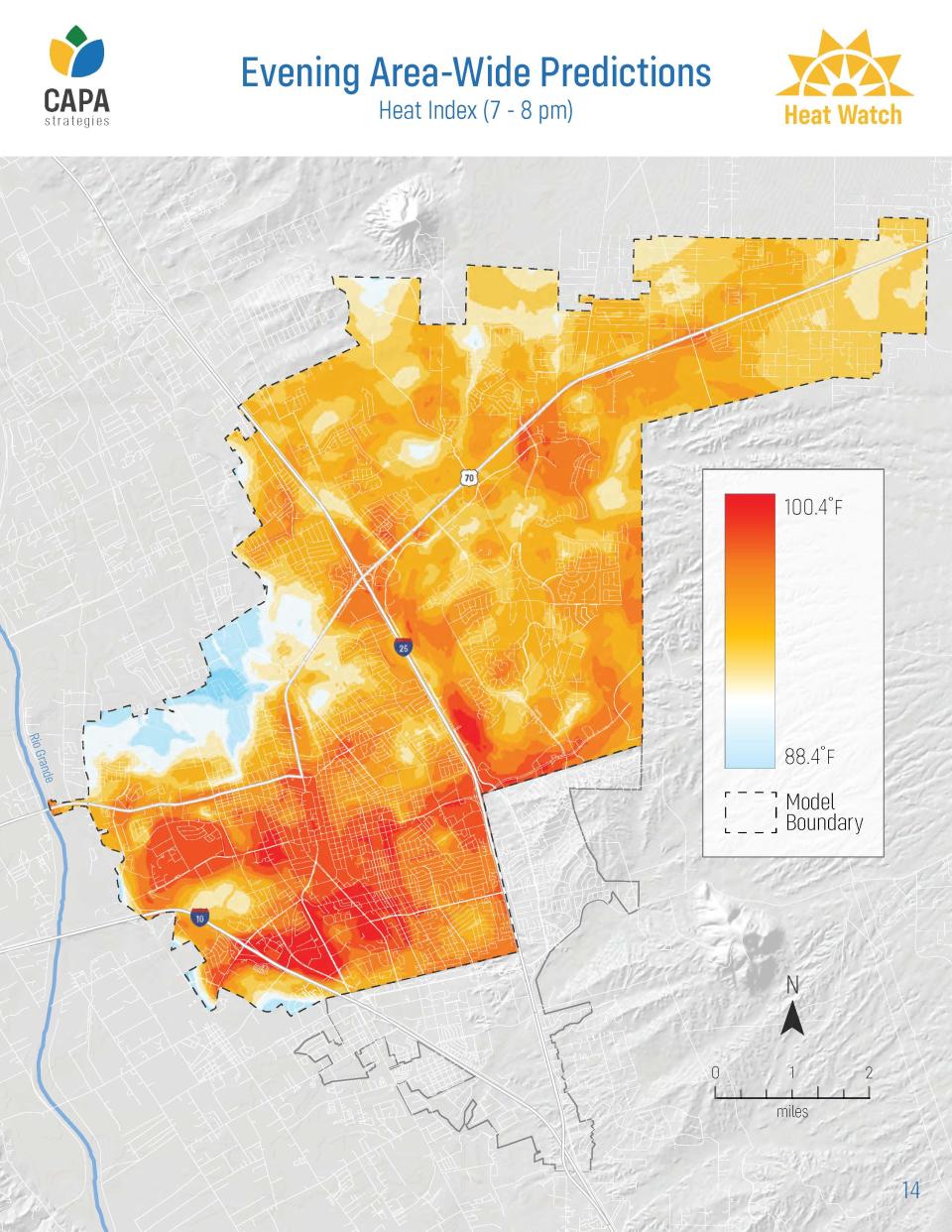 A map of Las Cruces showing the evening temps. The data was collected in 2020.