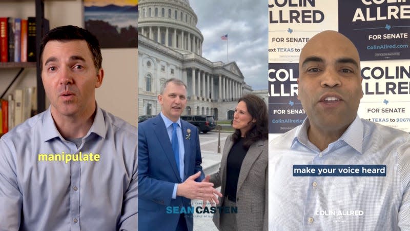 Rep. Jeff Jackson, Rep. Sean Casten, and Rep. Colin Allred in recent TikTok videos despite their support of a bill that would force ByteDance to divest or be banned in the U.S.<br> - Image: TikTok