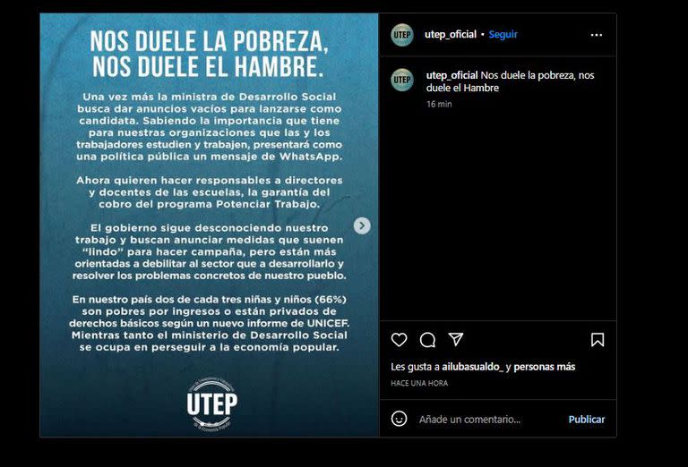 El comunicado que publicó la UTEP este jueves y que luego borró al cabo de unas horas.