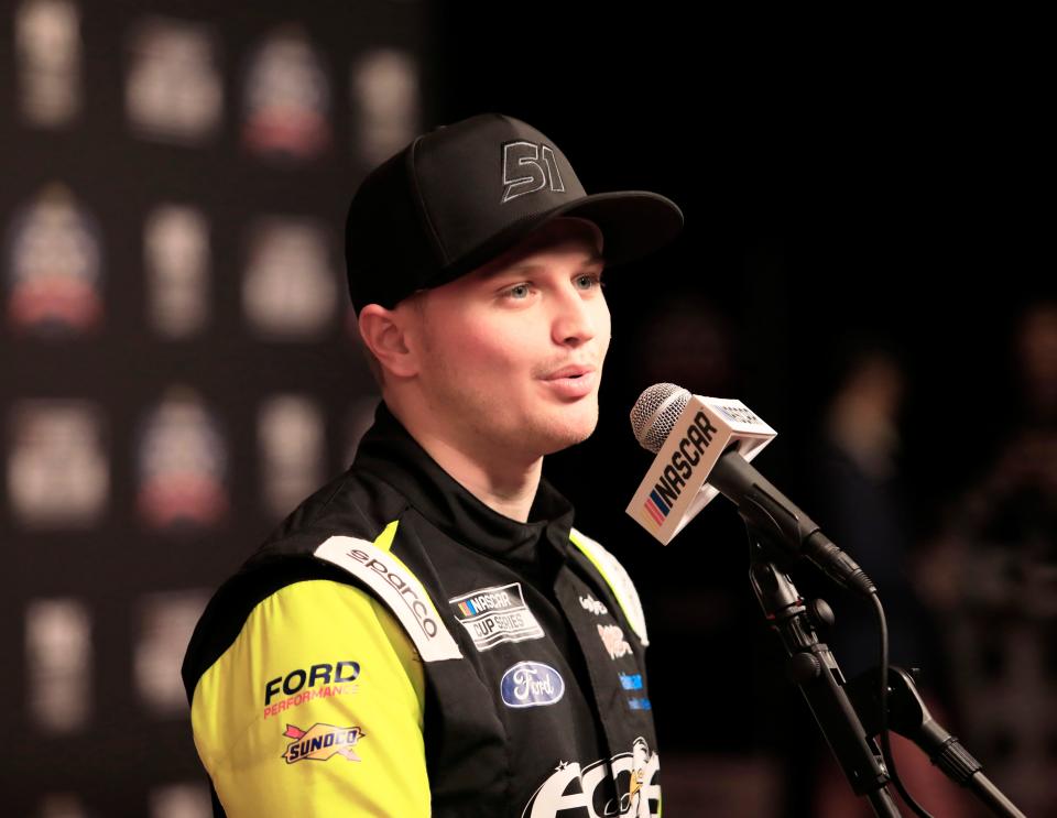 Justin Haley answers questions during Media Day at Daytona International Speedway, Wednesday, Feb. 14, 2024.