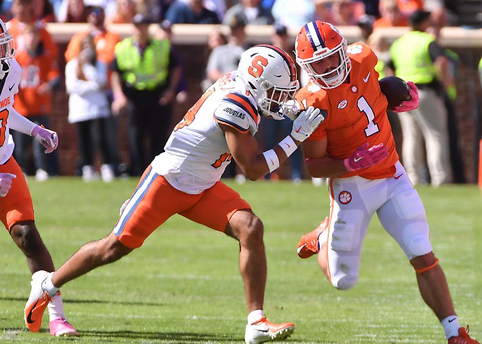 Action during the first half as Clemson takes on Syracuse at Memorial Stadium in Clemson, South Carolina Saturday, October 22, 2022.  Clemson running back Will Shipley (1) with the ball on a play. 