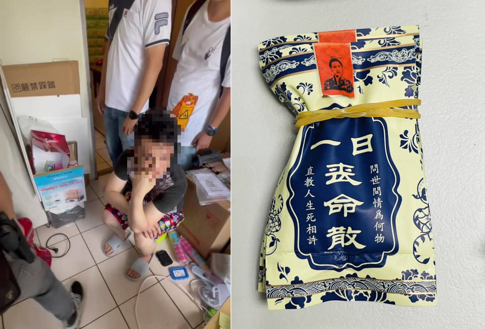 謝嫌自創「一日喪命散」等各式「創意品牌」的毒咖啡包，警方當在烏日某民宅捕謝嫌及其同居人，手下小蜜蜂也同步到案。（警方提供）