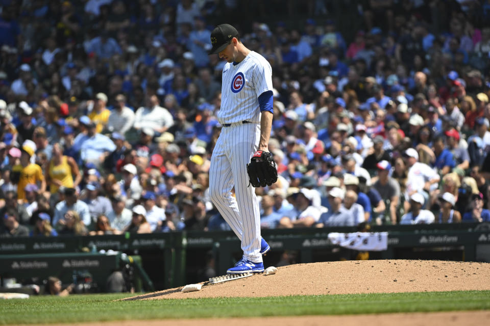 CHICAGO, ILLINOIS - MAY 17: Kyle Hendricks #28 of the Chicago Cubs reacts during the fourth inning of a game against the Pittsburgh Pirates at Wrigley Field on May 17, 2024 in Chicago, Illinois. (Photo by Nuccio DiNuzzo/Getty Images)