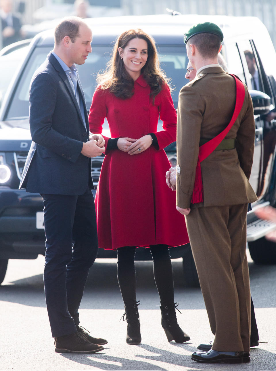 Kate and William, Duke of Cambridge, visit during their visit to the National Stadium on Feb. 27.