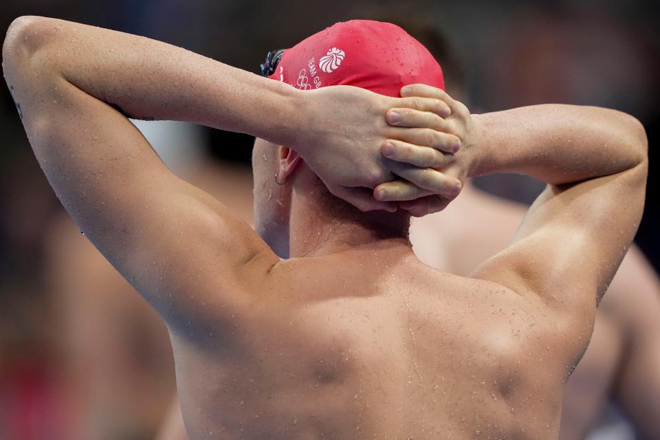 Luke Greenbank reacts after being disqualified in the men’s 200-meter backstroke heat during the 2024 Summer Games.