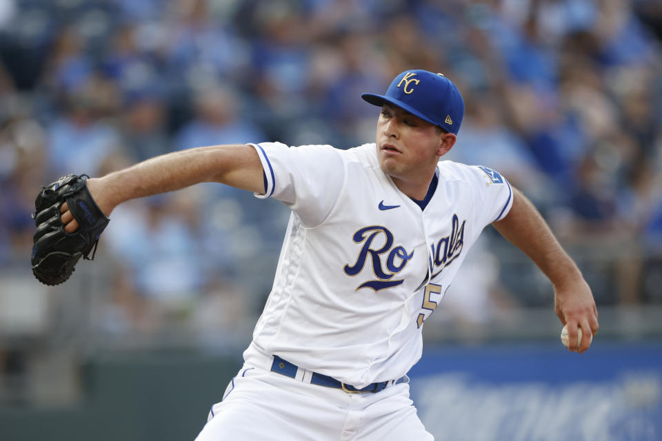 Kansas City Royals pitcher Kris Bubic throws to a Detroit Tigers batter during the first inning of a baseball game at Kauffman Stadium in Kansas City, Mo., Friday, July 23, 2021. (AP Photo/Colin E. Braley)