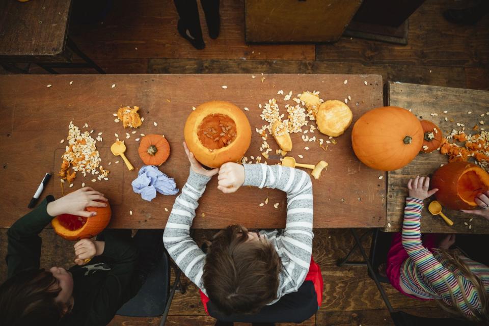 <p>Pumpkin carving is a leisurely activity for most, but competitive carver Stephen Clarke set the Guinness World Record in 2013 by completing his masterpiece <a href="https://www.guinnessworldrecords.com/world-records/fastest-time-to-carve-one-pumpkin" rel="nofollow noopener" target="_blank" data-ylk="slk:in under 17 seconds;elm:context_link;itc:0;sec:content-canvas" class="link ">in under 17 seconds</a>. In order to qualify, the pumpkin had to have a nose, eyes, mouth, and ears.</p>