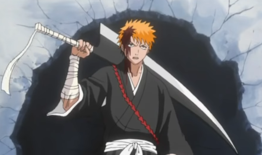 Ichigo standing in front of a wall with a hole in it in "Bleach"