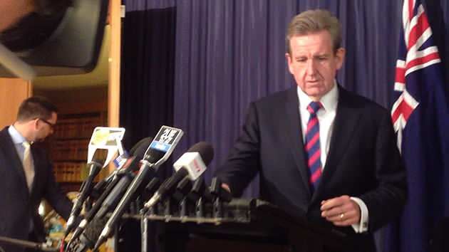 NSW Premier Barry O'Farrell resigns from his position at a press conference in Sydney, after he misled the Independent Commission against Corruption over a $3000 bottle of wine he received during his dealings with Australian Water Holdings. Photo: AAP