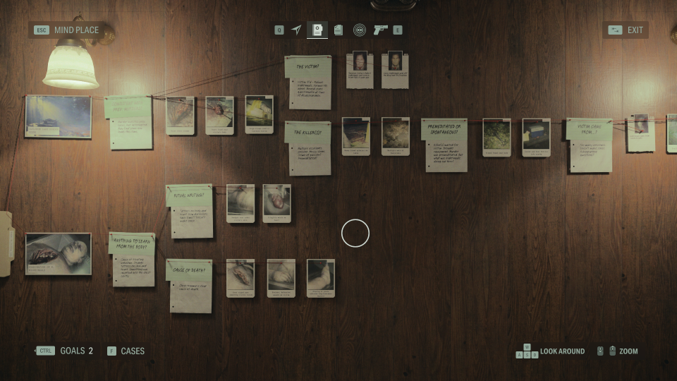 An investigation board detailing a strange ritual murder in Alan Wake 2.