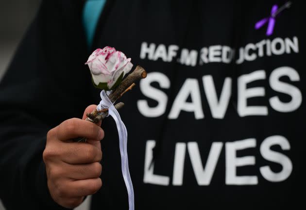 International Overdose Awareness Day is observed in Edmonton, Alberta, on Aug. 31 to raise awareness of the number of people dying of drug overdoses each day in Canada. The U.S. saw 100,000 drug overdose deaths in the year that ended in April, according to the CDC. (Photo: Artur Widak/NurPhoto via Getty Images)