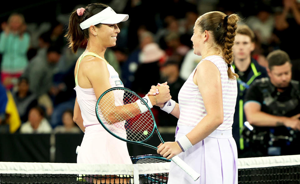 Ajla Tomljanovic and Jelena Ostapenko, pictured here after their match at the Australian Open. 