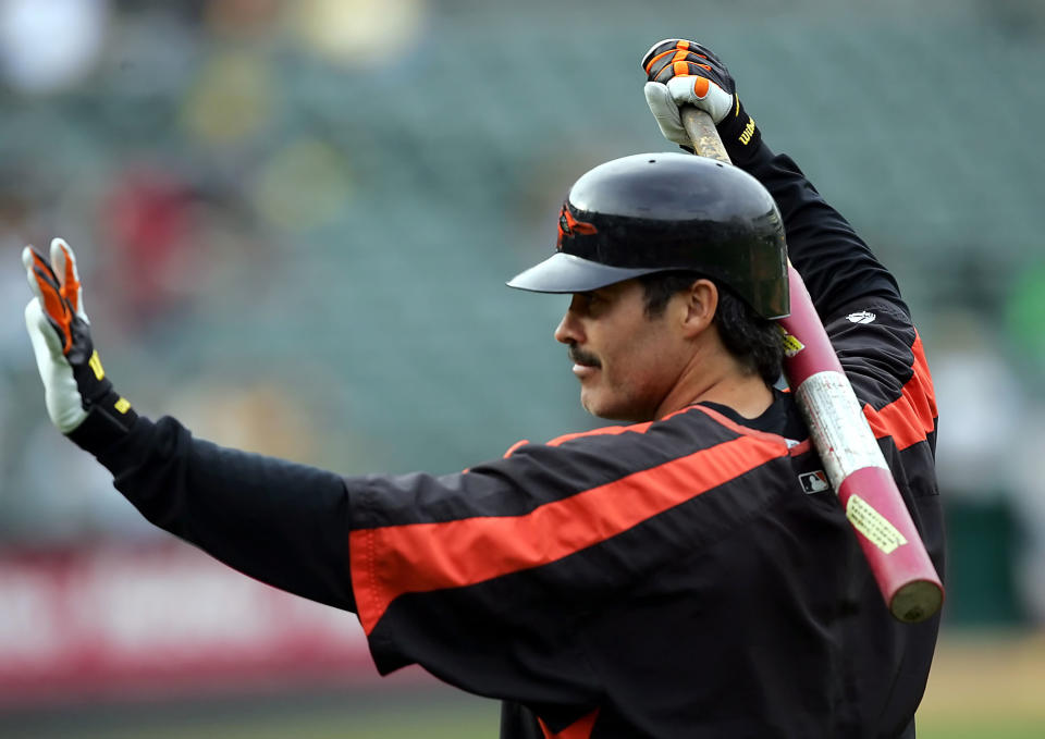 Rafael Palmeiro, 53, hit his first competitive home run since 2005 on Monday for the Cleburn Railroaders. (AP)