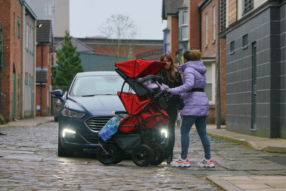 At baby yoga Vanessa apologises to Gemma Winter [DOLLY-ROSE CAMPBELL] for the 'misunderstanding' over the party and invites her to join she and Imogen for lunch. Gemma's pleased but as they ply her with prosecco then she hears them bitching about her an upset Gemma grabs the buggy and heads out. In her emotional state, Gemma fails to spot an oncoming car which screeches to a halt, narrowly missing the buggy. A police officer realises Gemma's been drinking  (ITV Plc)