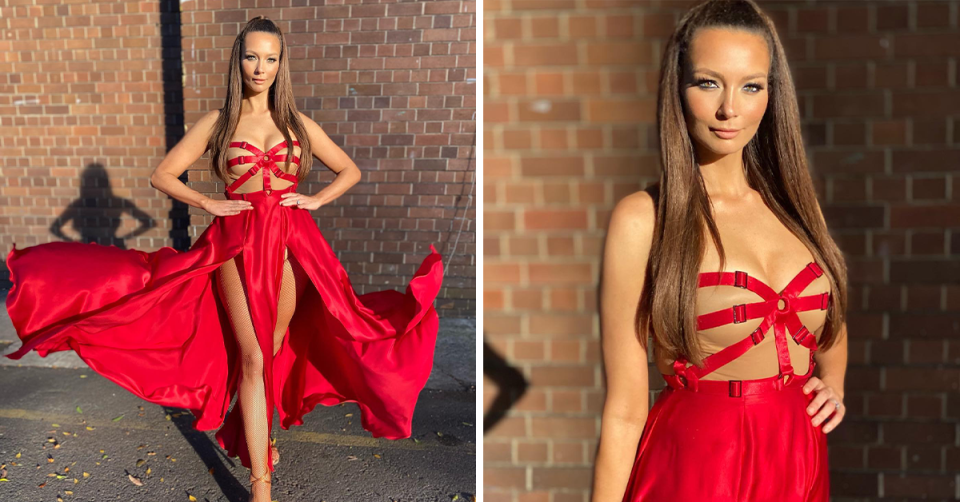 Ricki-Lee wearing a red gown on Dancing with the Stars.