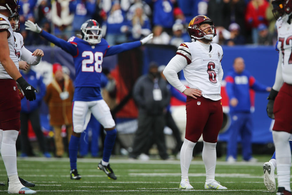 Washington Commanders place kicker Joey Slye (6) reacts after missing a field goal during the second half of an NFL football game against the New York Giants, Sunday, Dec. 4, 2022, in East Rutherford, N.J. (AP Photo/John Munson)