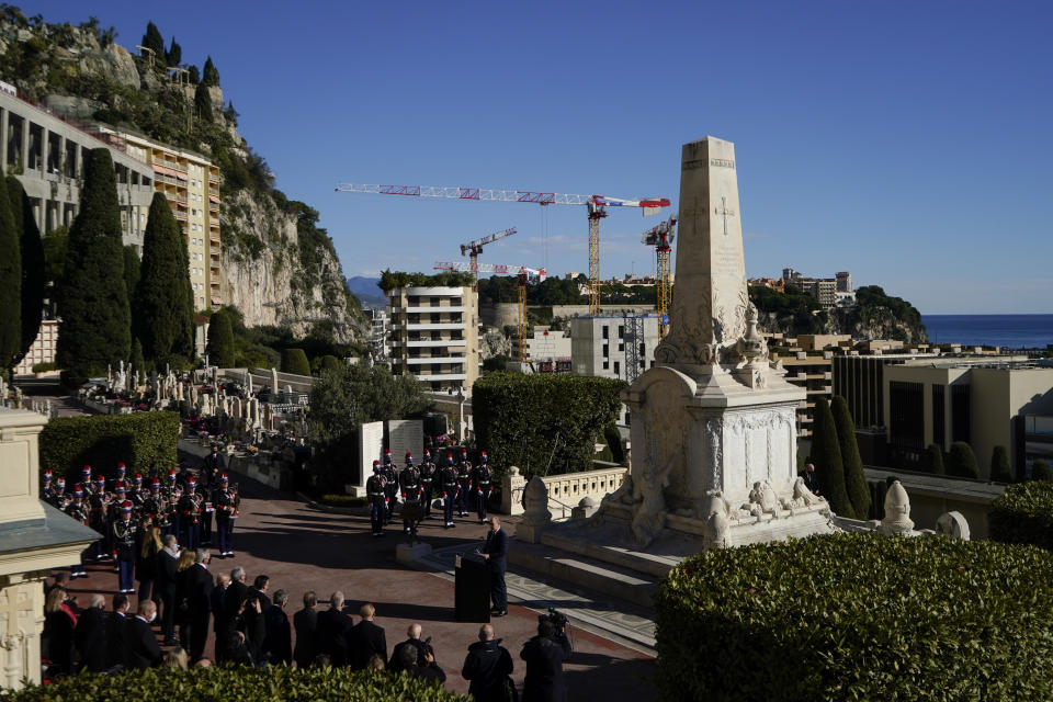 Prince Albert II of Monaco gives a speech during a ceremony honoring Joesphine Baker at the Monaco-Louis II Cemetery in Monaco, Monday, Nov. 29, 2021. France is inducting Missouri-born cabaret dancer Josephine Baker who was also a French World War II spy and civil rights activist into its Pantheon. She is the first Black woman honored in the final resting place of France’s most revered luminaries. A coffin carrying soils from places where Baker made her mark will be deposited Tuesday inside the domed Pantheon monument overlooking the Left Bank of Paris. (AP Photo/Daniel Cole)