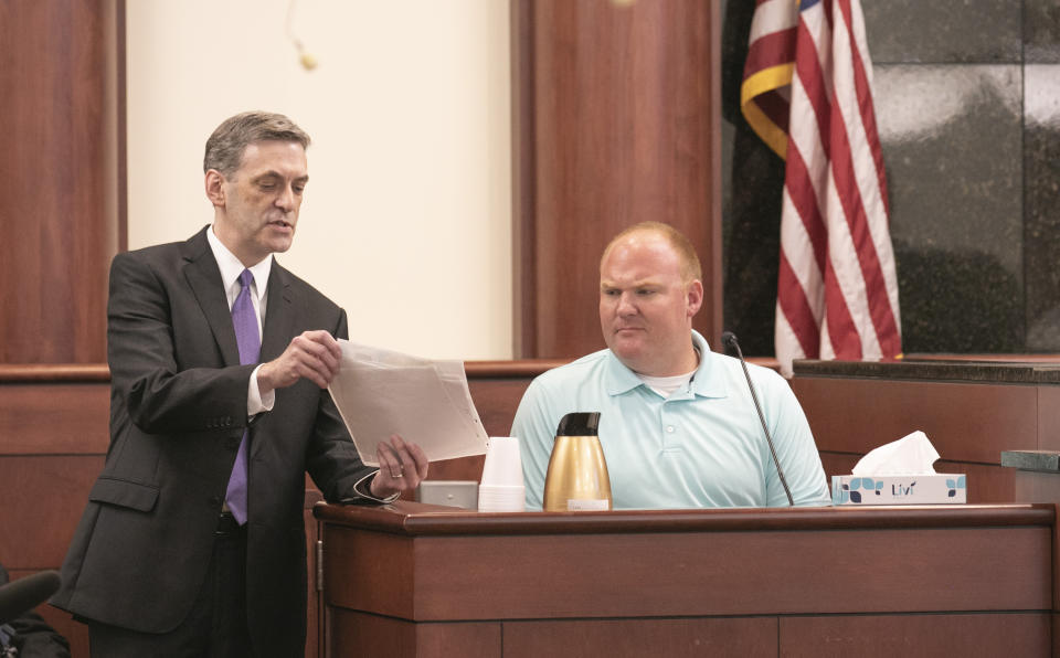 Rick Hubbard, 11th Circuit Solicitor, questions Jonathan Stone during the sentencing phase of the trial of Tim Jones in Lexington, S.C. on Friday, June 7, 2019. Jones, was found guilty of killing his 5 young children in 2014. (Tracy Glantz/The State via AP, Pool)