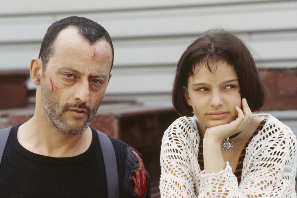 American actress Natalie Portman and French actor Jean Reno on the set of the film "Leon", directed by Luc Besson. (Photo by Patrick CAMBOULIVE/Sygma via Getty Images)