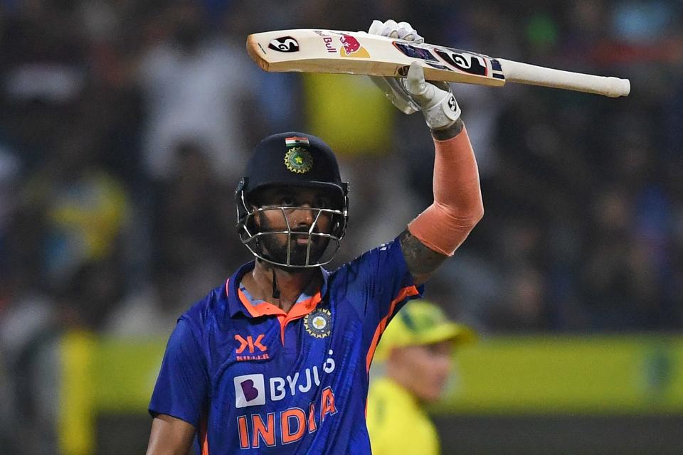 Seen here, India's KL Rahul celebrating after scoring a half-century (50 runs) during the first ODI cricket match against Australia. 