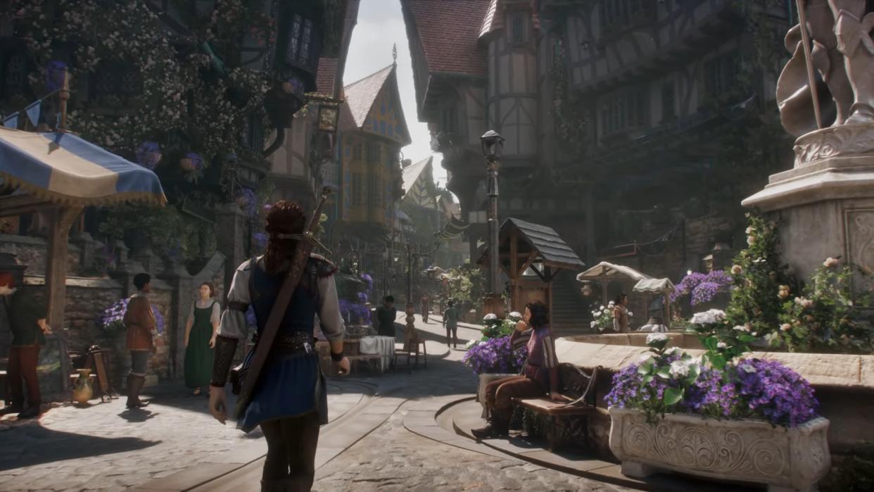  A screenshot of Fable's protagonist walking through a bright, urban area. 