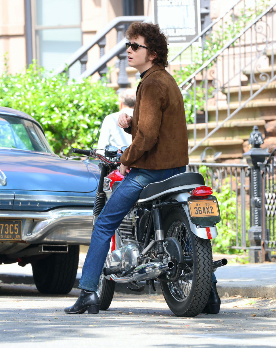 Chalamet is seen on the set of A Complete Unknown in Hoboken, New Jersey wearing Chelsea boots