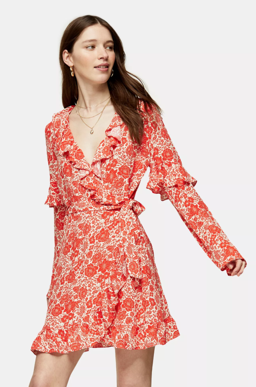 Red Ruffle Wrap Dress. Image via Topshop.